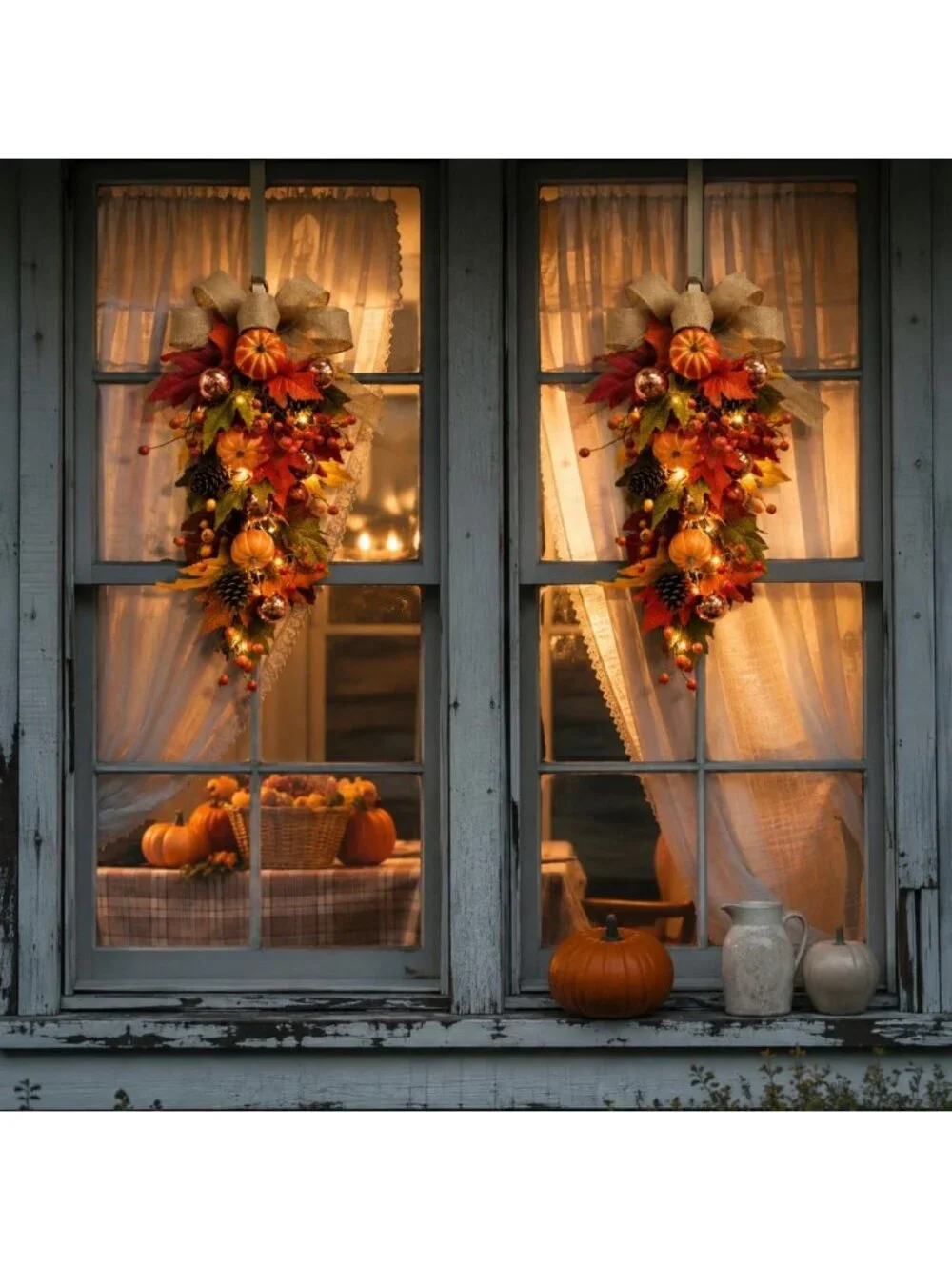 24” Pre-Lit Fall Teardrop Swag - LED Lights, Pumpkins, Maple Leaves & Burlap Bow